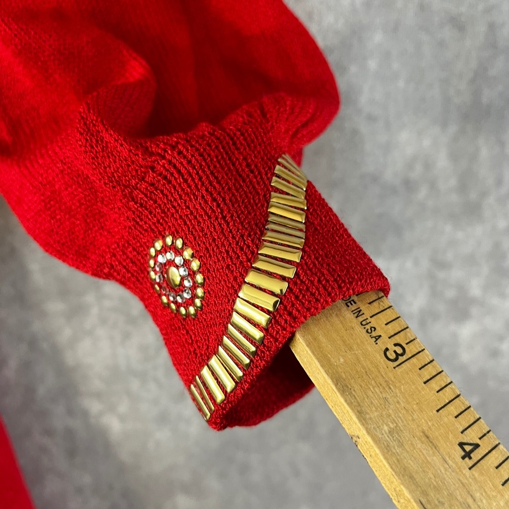St. John Knit Dress Women 12 Red V-Neck Embellished Cuff Vintage Marie Gray - Picture 2 of 9